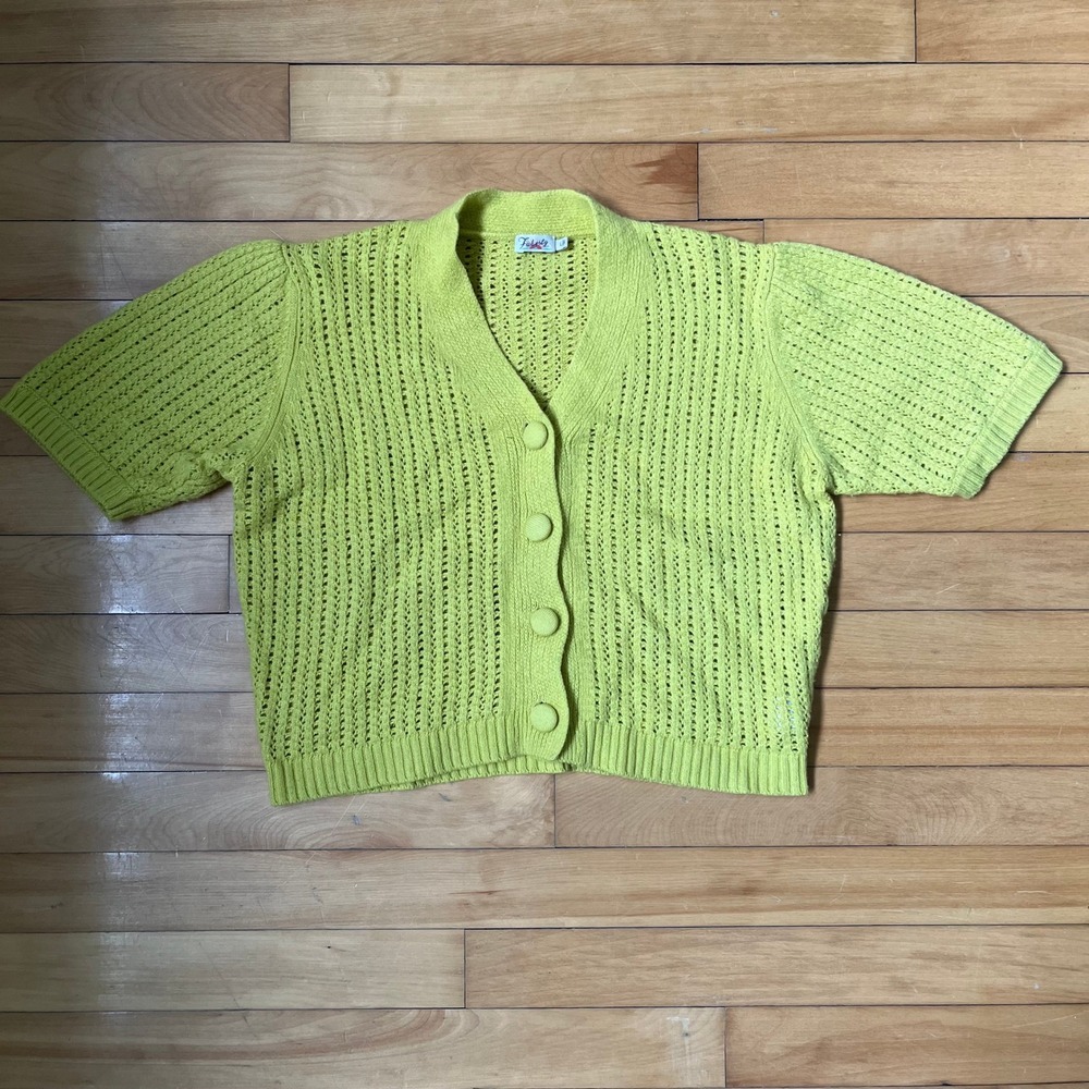 Faherty Lime Green crochet Knit Short Sleeve Wool Cashmere Cardigan Large